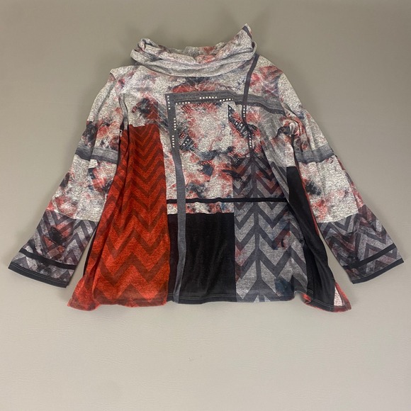 CJ Banks Tops - CJ Banks Tunic Top 2X‎ Red Gray Blue Cowl Neck Pullover Embellished Boho